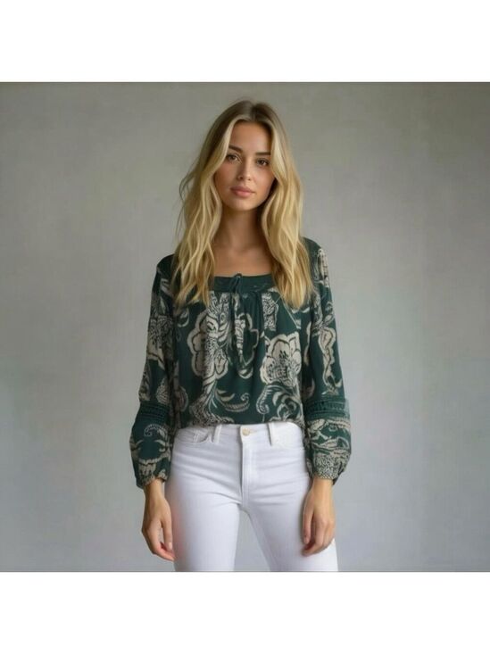 Angie Tops - Angie Womens Boho Crochet Trim Long Balloon Sleeve Blouse Green Floral Small
